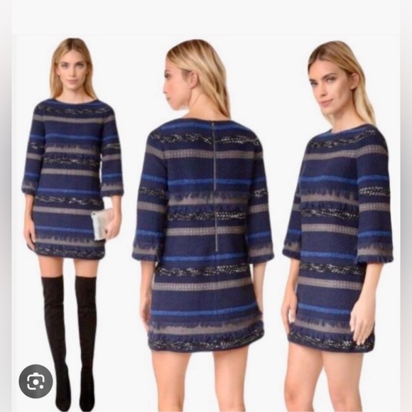 Alice + Olivia Dresses & Skirts - Alice + Olivia textured woven tweed mini dress, 3/4 sleeves, blues&silver, 8,EUC